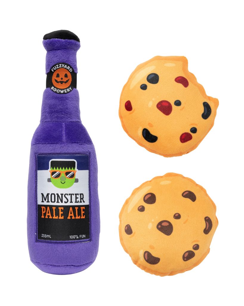 Set de peluches de Halloween para perros FuzzYard Monster Pale Ale & Cookies: cerveza y galletas